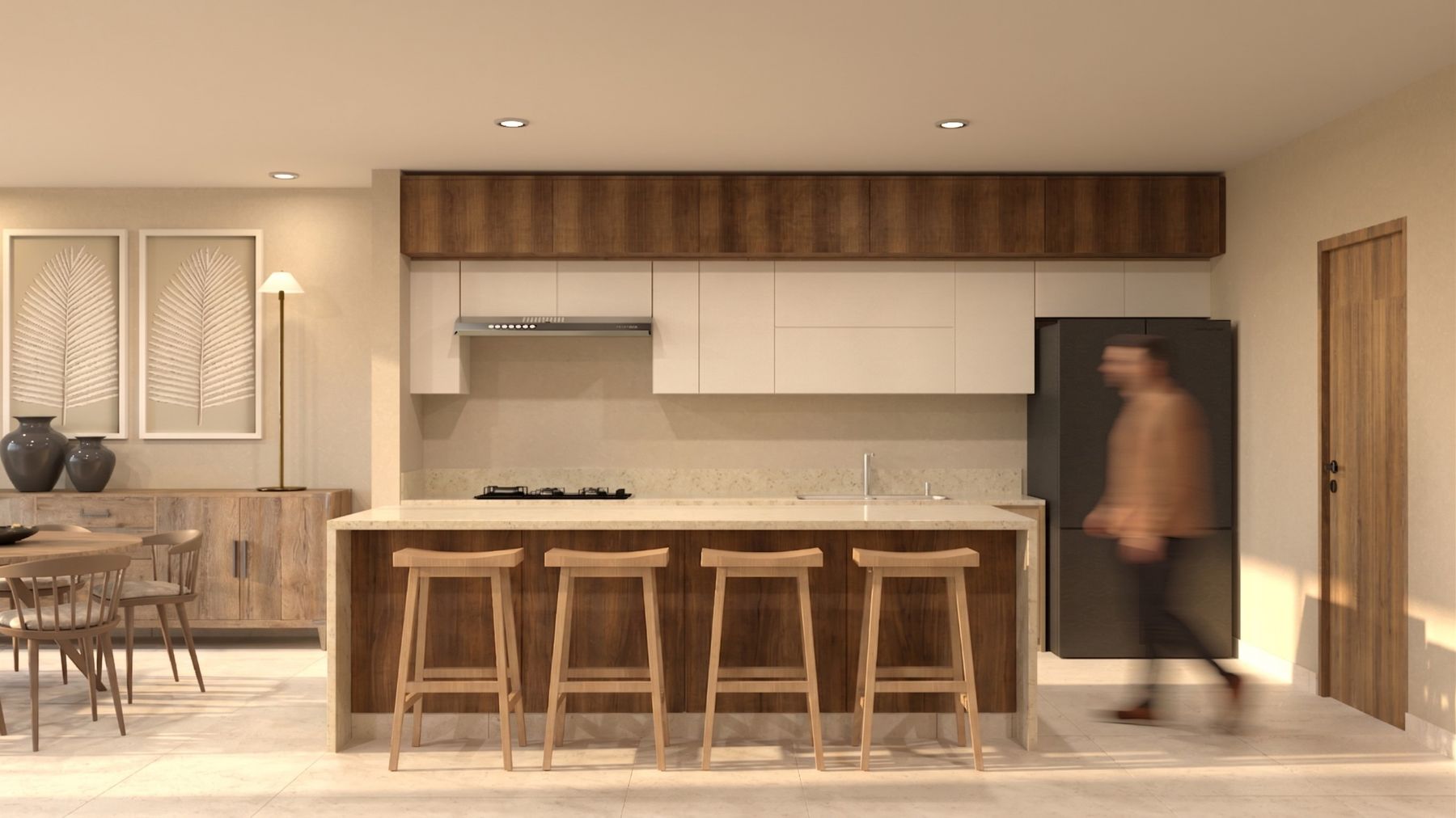 Cocina con isla y barra para cuatro