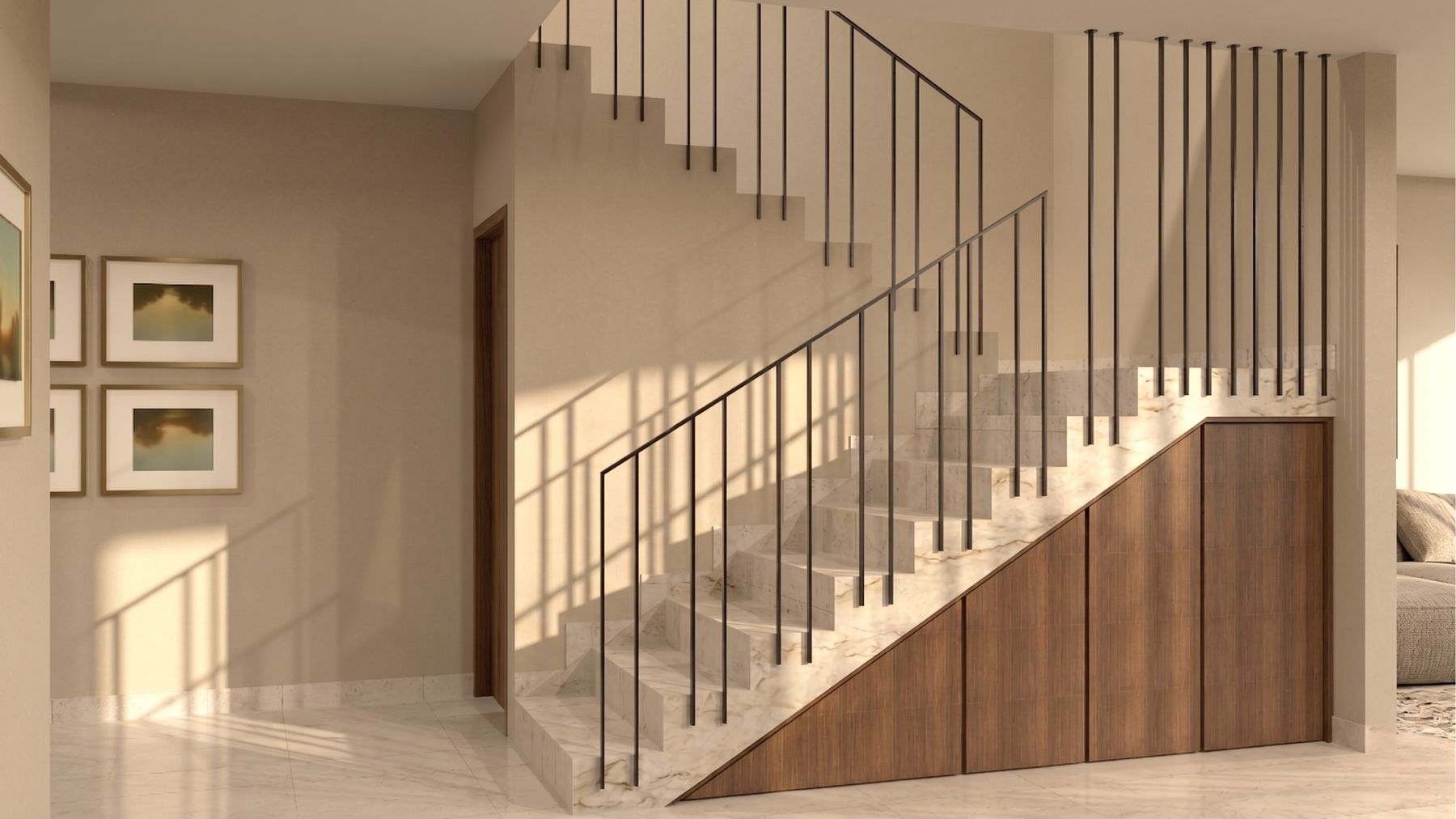 Escalera de mármol con barandal de varillas