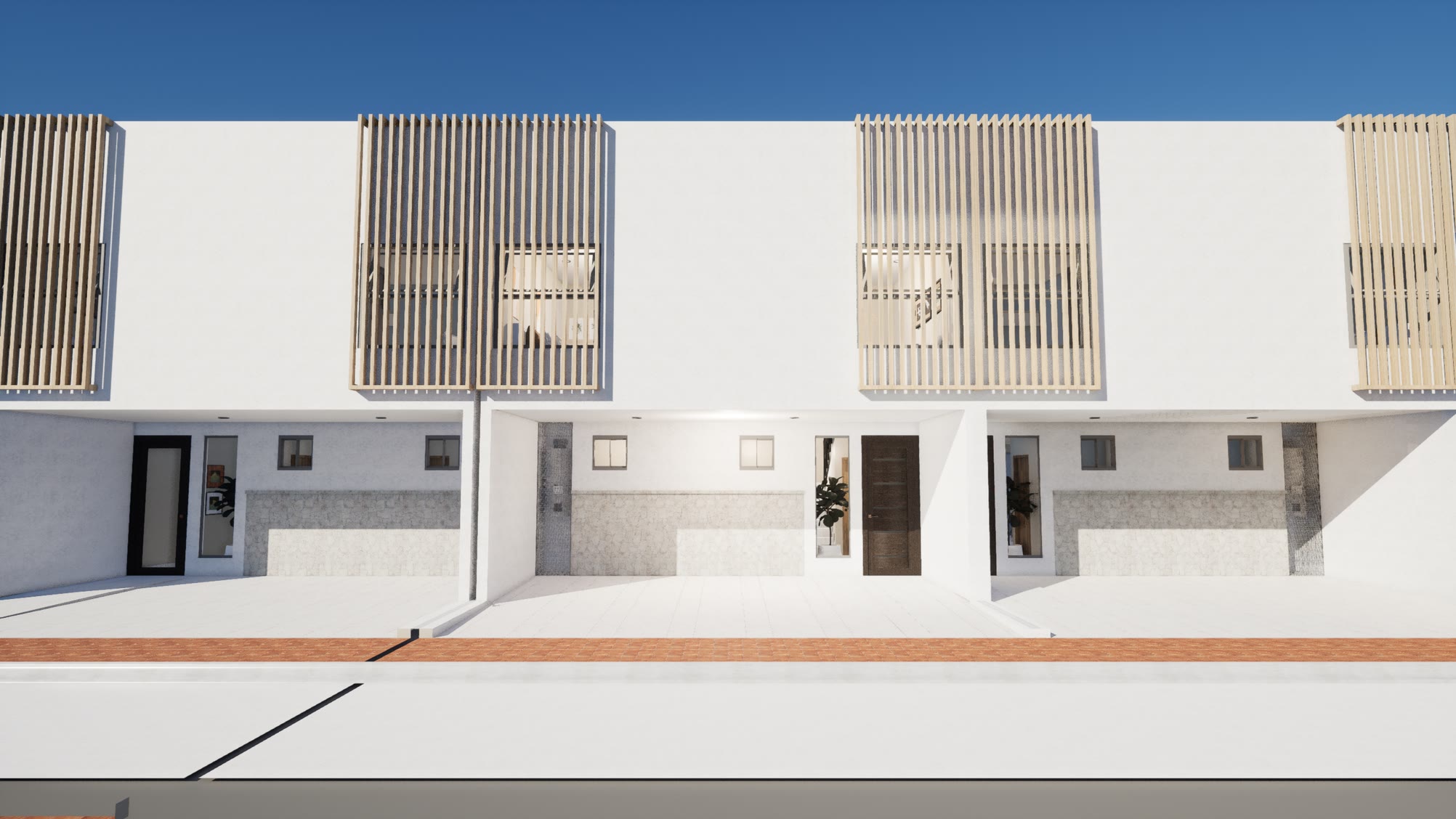 Fachada de Casa San Francisco: planta alta con celosías de madera y planta baja en piedra